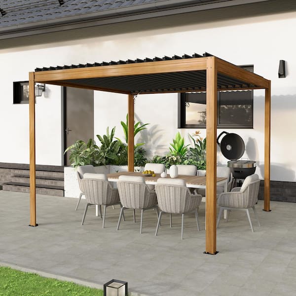 10 ft. x 10 ft. Aluminum Frame Louvered Pergola with Adjustable Roof, Efficient Drainage System in Wood Grain