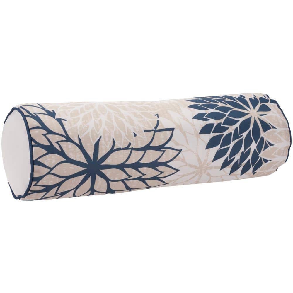 Ivory and Navy Floral Outdoor Bolster Pillow 6" x 20"