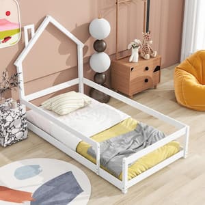 White Wood Frame Twin Size House Floor Bed with Chimney Design and Fence Guardrails