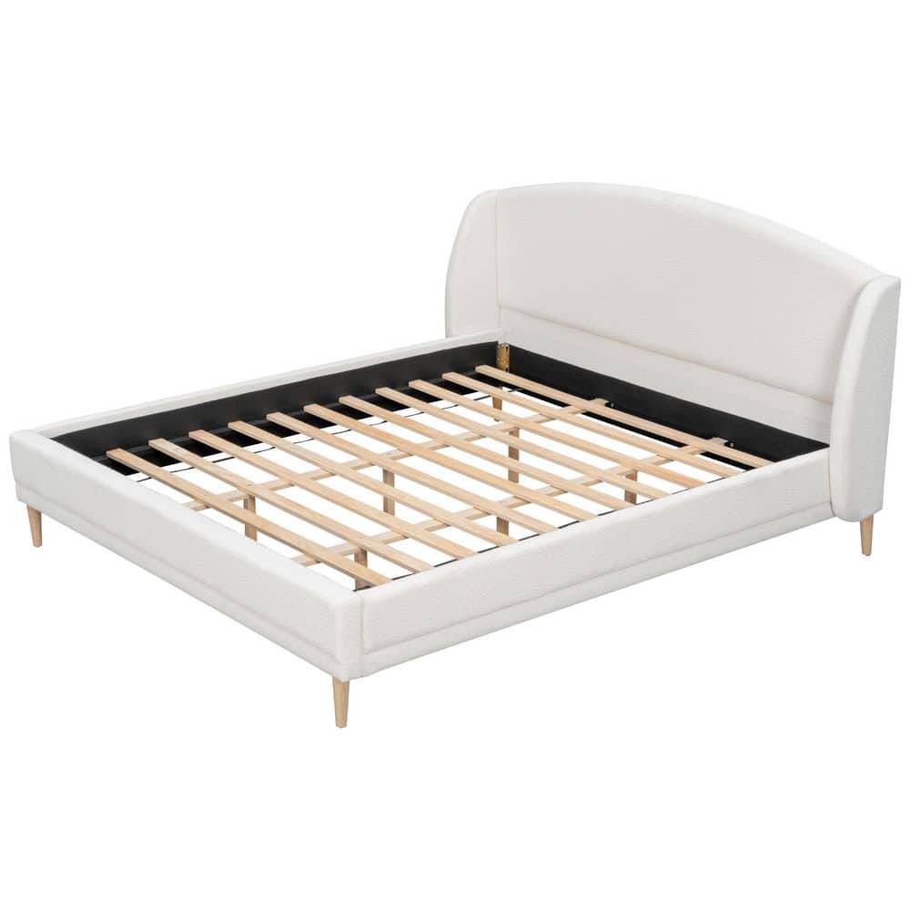 White Wood Frame King Size Boucle Fabric Upholstered Platform Bed with Wingback Headboard, Rounded Corners - thumbnail 6