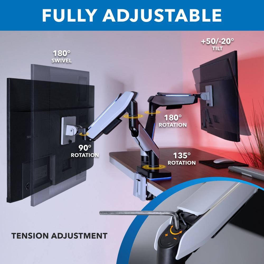Matte Black and Grayish White Dual Monitor Desk Mount with RGB Lights