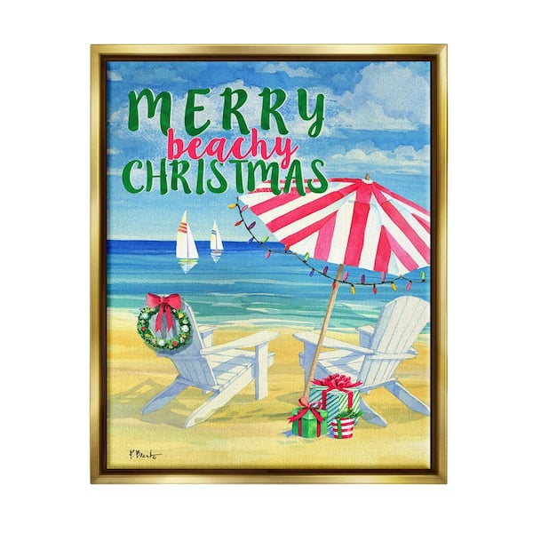 Stupell Industries Merry Beachy Christmas by Paul Brent 1-Piece Floater Frame Graphic Print Typography Poster Art Print 21 in. x 17 in.