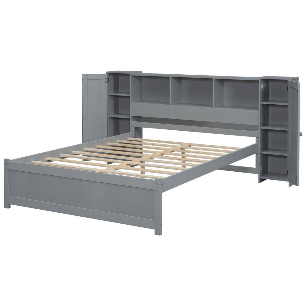 Gray Full Size Wood Platform Bed with Storage Headboard and Cabinets