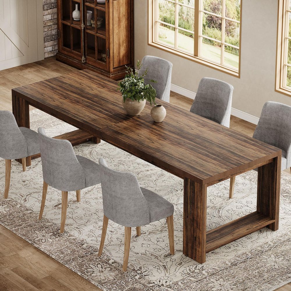 BYBLIGHT Rustic Brown Rectangular Wood 86. 61 in. 4 Legs Dining Table Seats 6-8 Farmhouse Narrow ...