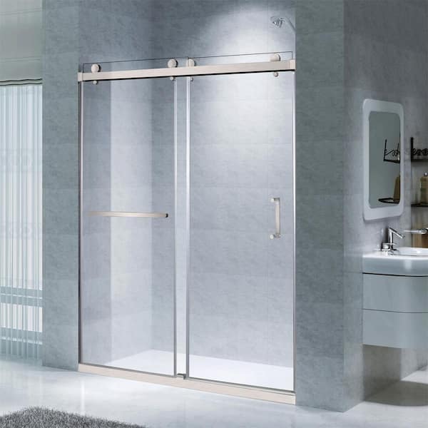 HOROW 59 in. W x 76 in. H Sliding Frameless Shower Door in Brushed Nickel with 3/8 in. (10 mm) Clear Glass