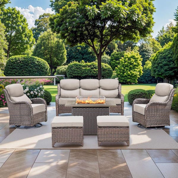 NovaSwivel Brown 6-Piece Wicker Patio Fire Pit Set Outdoor Conversation Swivel Chair Set with 6 in. Thick Beige Cushions