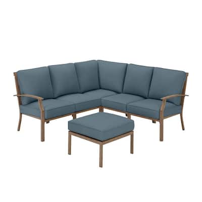 Geneva 6-Piece Brown Wicker Outdoor Patio Sectional Sofa Seating Set with Ottoman and Sunbrella Denim Blue Cushions