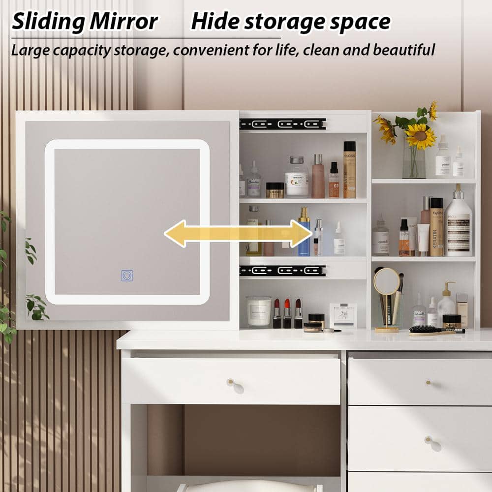 5-Drawers White Wood Makeup Vanity Sets Dressing Table Sets With LED Push-Pull Mirror, Stool and Storage Shelves - thumbnail 8