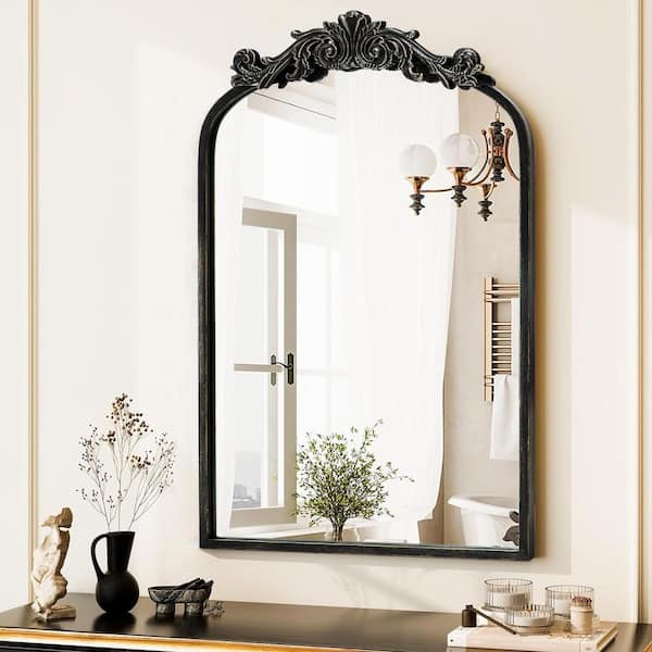 Sxiawe 24 in. W x 35.8 in. H Ornate Baroque Classic Vintage Black Stainless Metal Frame Arched Wall Mirror