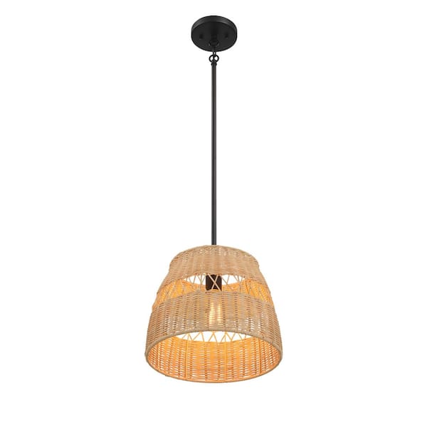 DelightBlan 12 in. 1-Light Black Chandelier With Rattan Shade Black Metal Finish Style(Bulb Not Included)