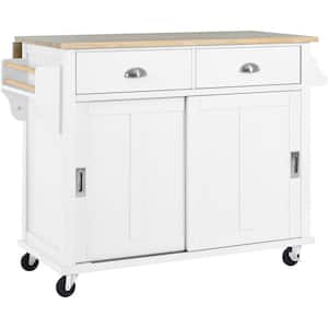 White Wooden Rolling Kitchen Cart with Drop-Leaf Countertop