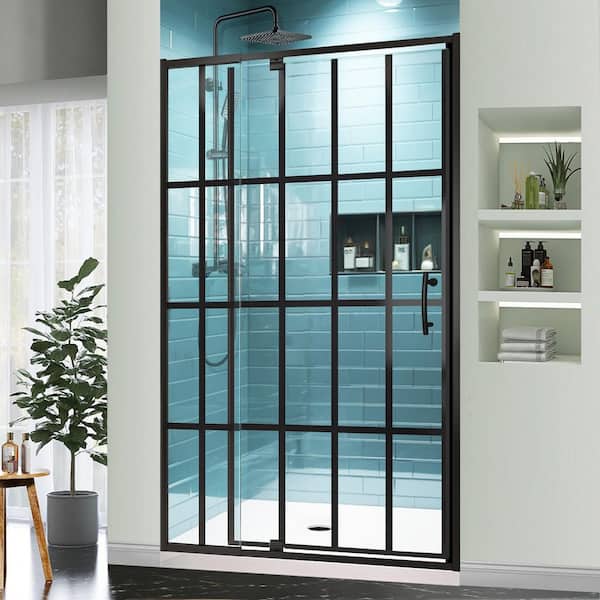 Lonni 44-48 in. W x 71 in. H Pivot Semi-Frameless Shower Door in Matte Black with SGCC Tempered Clear Grid Glass