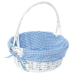White Medium Round Willow Gift Basket with Blue and White Gingham Liner and Handles