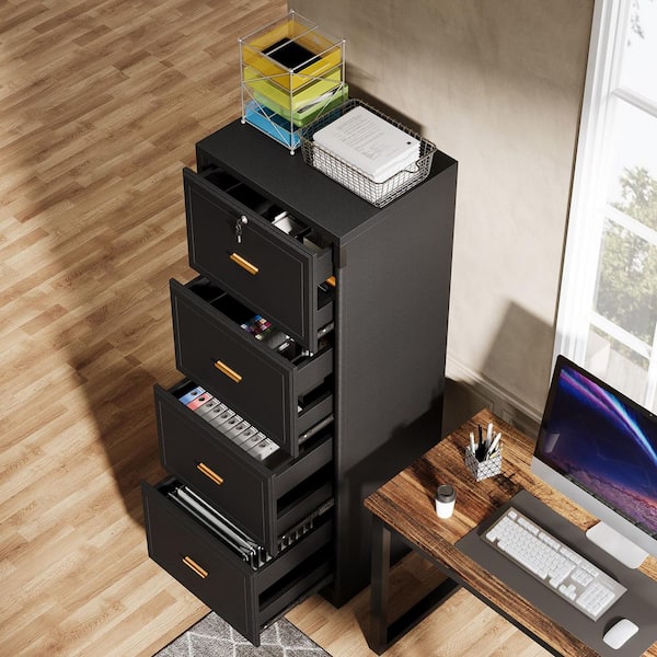 Atencio 4-Drawer Black Wood 23 in. W Vertical Simple Modern Industrial File Cabinet Printer Stand Freestanding Pedestal
