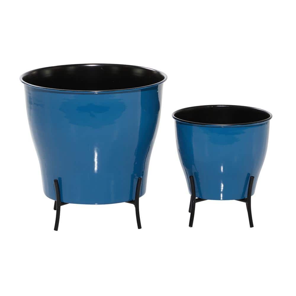 Blue Solid Round Metal Planter Set, 9" and 12"H with Gold X-Stands