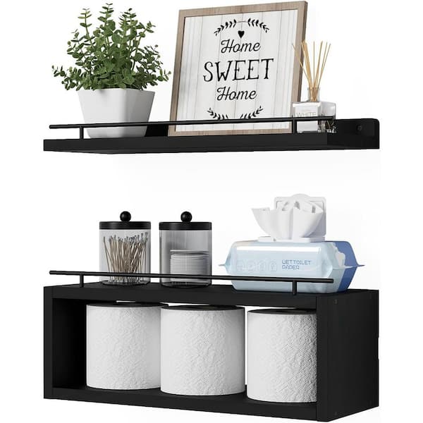Cubilan 6 in. D x 15.7 in. W x 0.5 H Black Wood Decorative Cubby Wall Shelf, Floating Shelf with Extra Cube Shelf