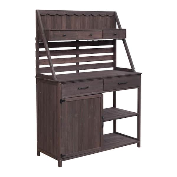 Silvaris Patio Brown Solid Wood Garden Potting Bench Outdoor Potting Table with Storage Cabinet, Shelves, Drawers