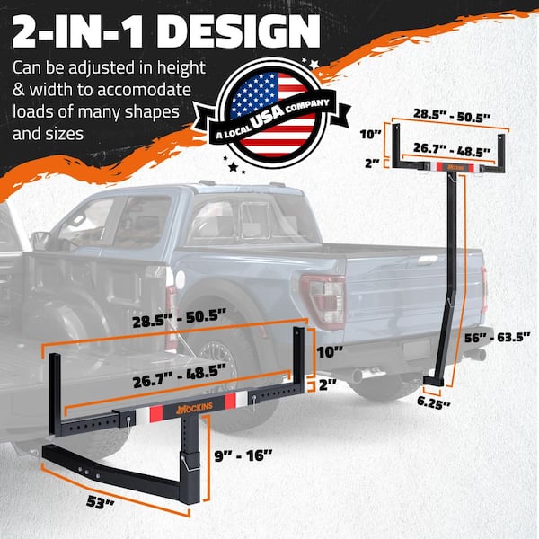 Mockins 750 lbs. Capacity Pickup Truck Bed Extender with Flag, Stabilizer and Ratchet Straps, 2-in-1 Design
