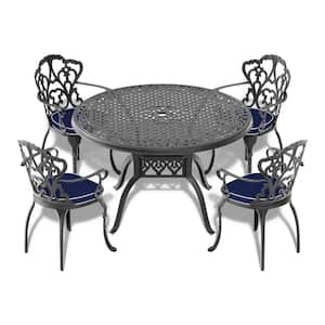 Lily Black 5-Piece Cast Aluminum Outdoor Dining Set with Round Table and Dining Chairs with Random Color Cushion