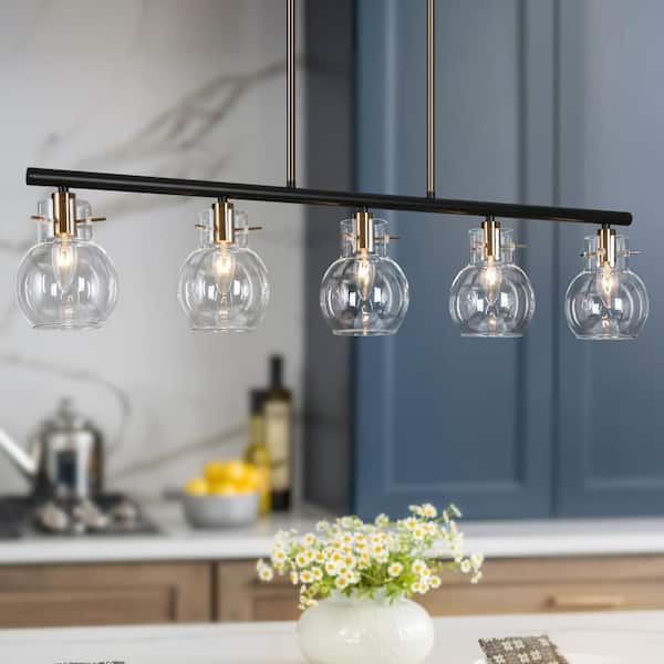 38 in. Large 5-Light Modern Black Chandelier, DIY Globe Pendant Light, Farmhouse Brass Island Chandelier for Dining Room