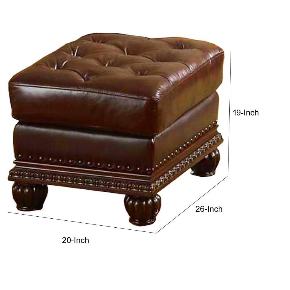 Espresso Brown Faux Leather Tufted Ottoman with Nail Head Trim