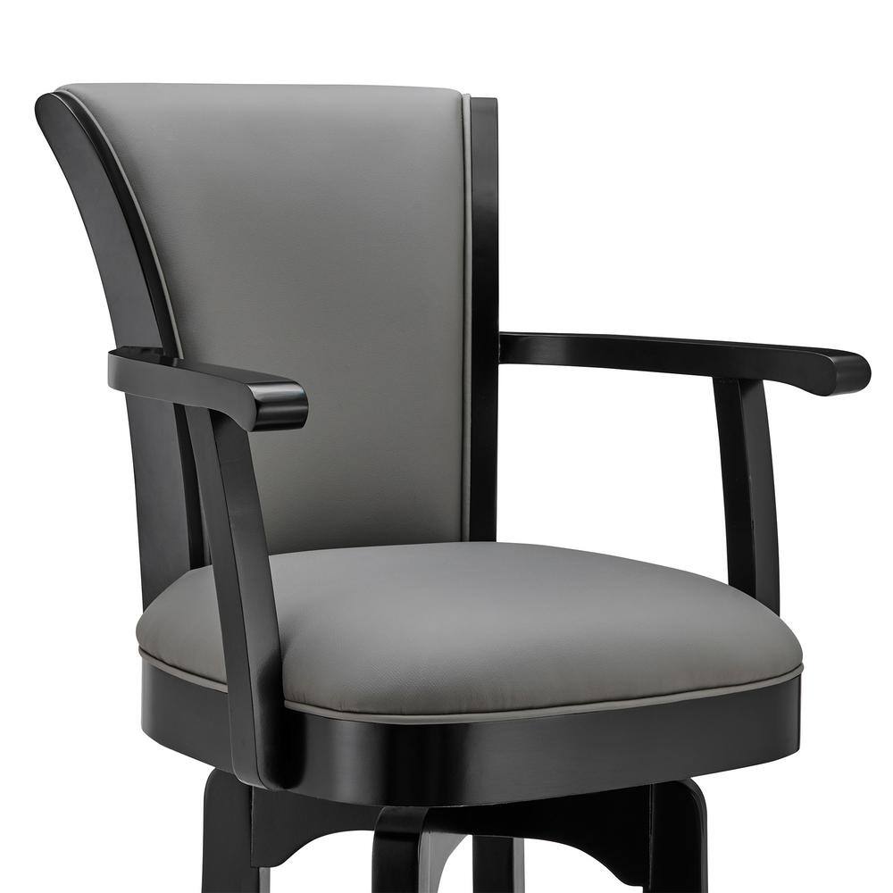 Raleigh 26" Gray Faux Leather Swivel Barstool with Black Wood Frame