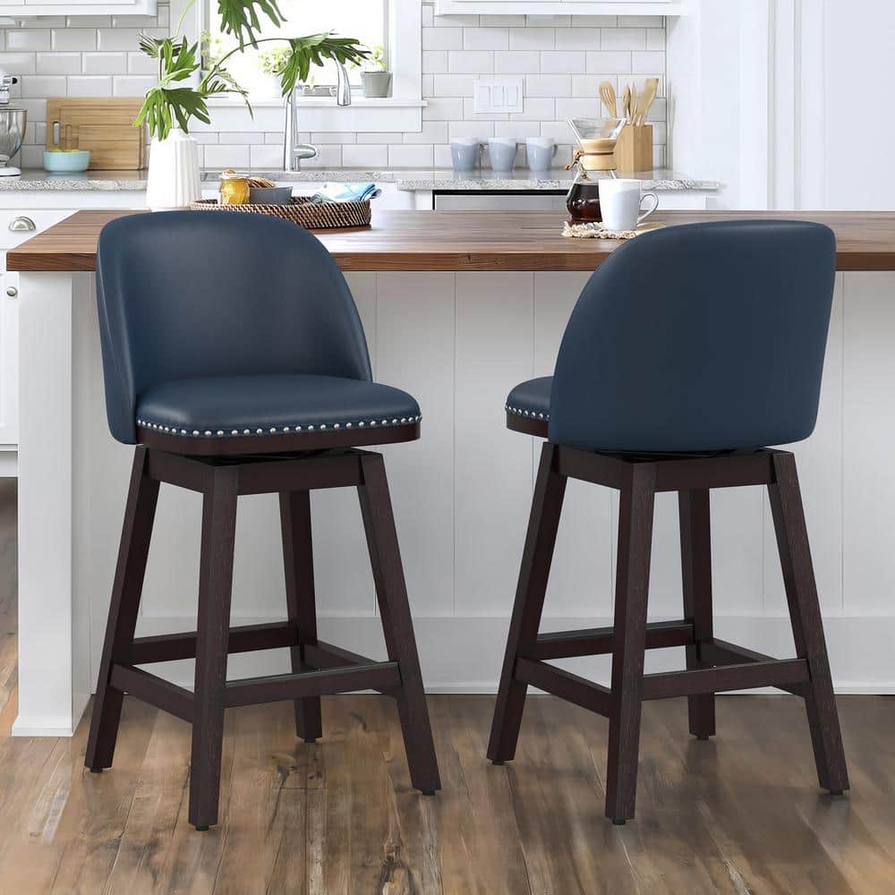 Navy Blue Wood Frame Swivel Counter Stools with Faux Leather, Set of 2