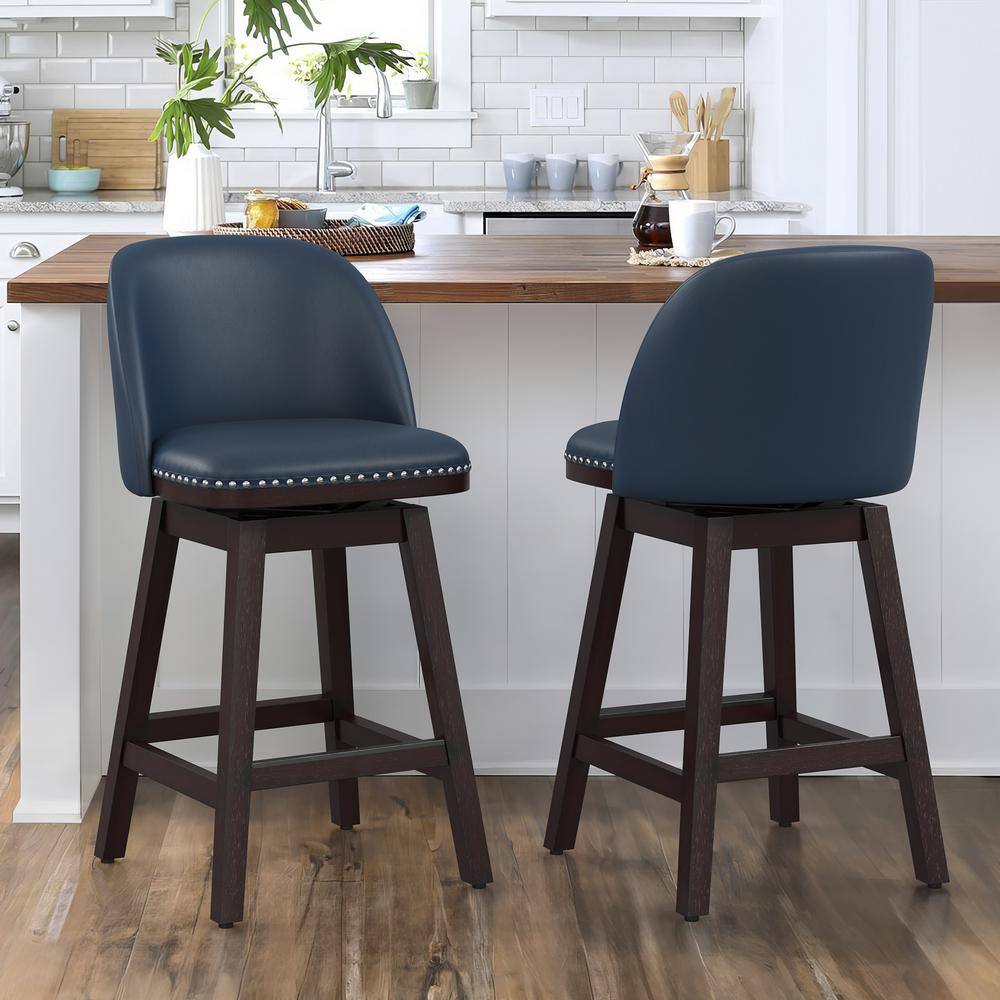 Navy Blue Wood Frame Swivel Counter Stools with Faux Leather, Set of 2