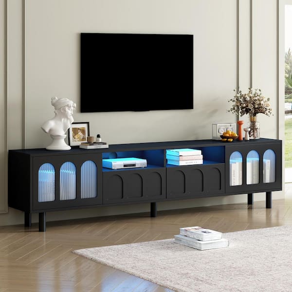 Unbranded Black TV Stand with LED Light Fits TV's up to 89 in. Graceful Entertainment Center with Fluted Tempered Glass Doors
