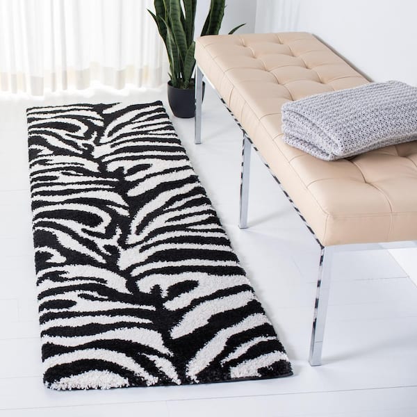 Florida Shag 2 ft. x 19 ft. Ivory/Black Animal Striped Runner Rug