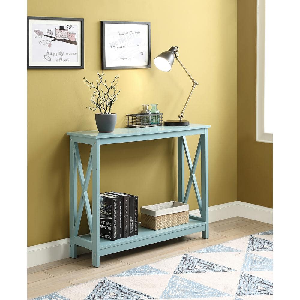 Sea Foam Blue Wood Console Table with Storage Shelf