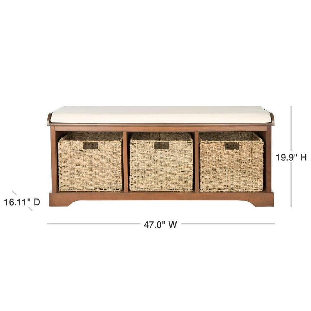 Transitional Pine and Wicker Storage Bench in Brown/White