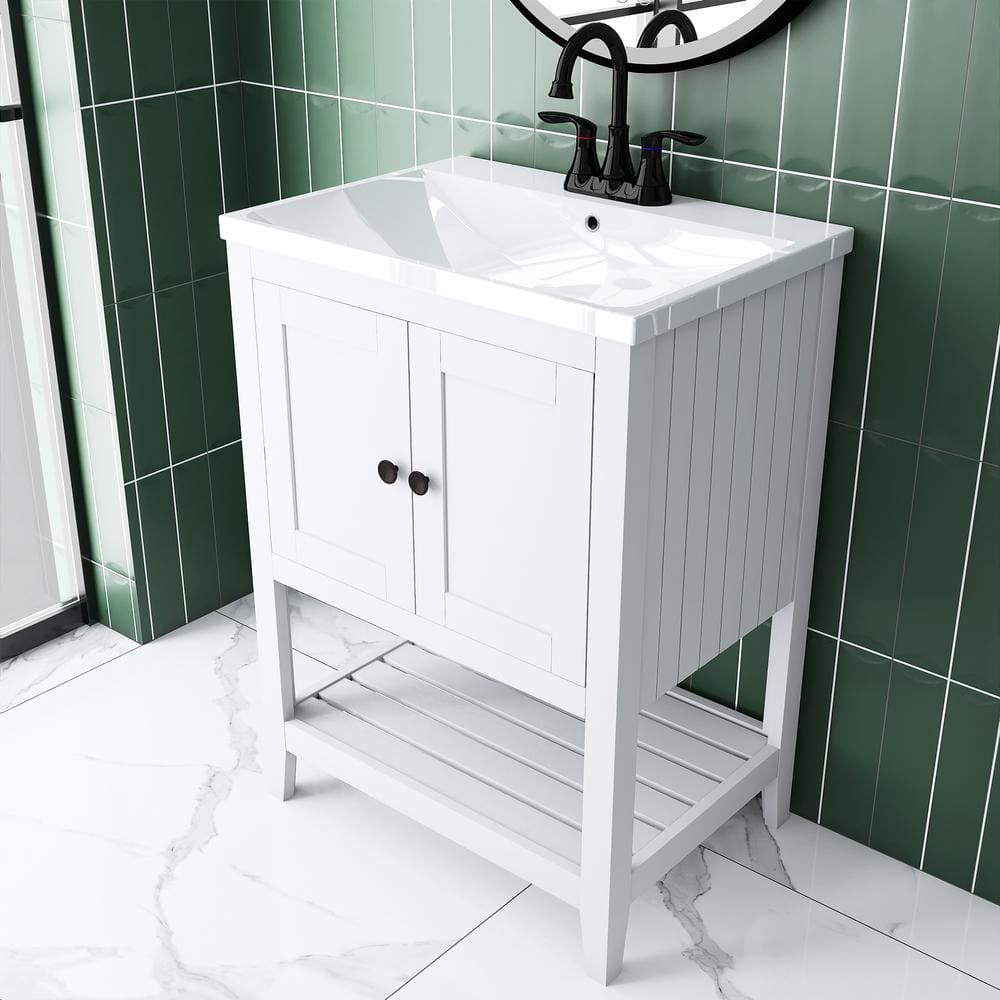 24" White Wood Freestanding Bathroom Vanity with Ceramic Sink