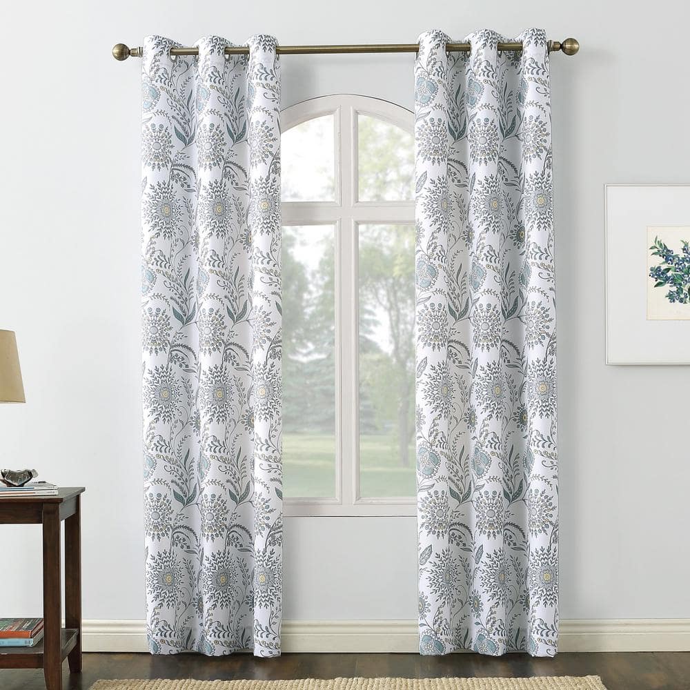 White Medallion Floral Light-Filtering Grommet Curtain Panel