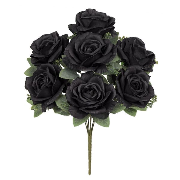 LIVING LUXURY 17 in. Deluxe Black Artificial Elegant Rose Flower Stem Bush Bouquet (Set of 2)