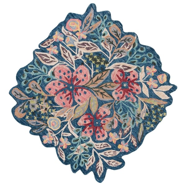 Jardin 5 ft. x 5 ft. Blue/Pink Floral Round Area Rug
