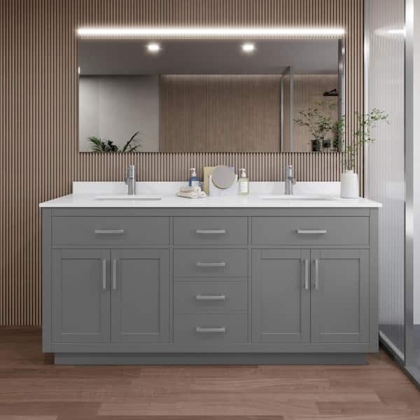 Wyndham Collection Beckett TK 72 in. W x 22 in. D x 35 in. H Double Sink Bath Vanity in Dark Gray with Brushed Nickel Trim White Quartz Top