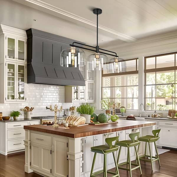 Modern Industrial 43.3 in. 3-Light Linear Black Pendant Light, Kitchen Island Hanging Lamp with Dome Clear Glass Shade