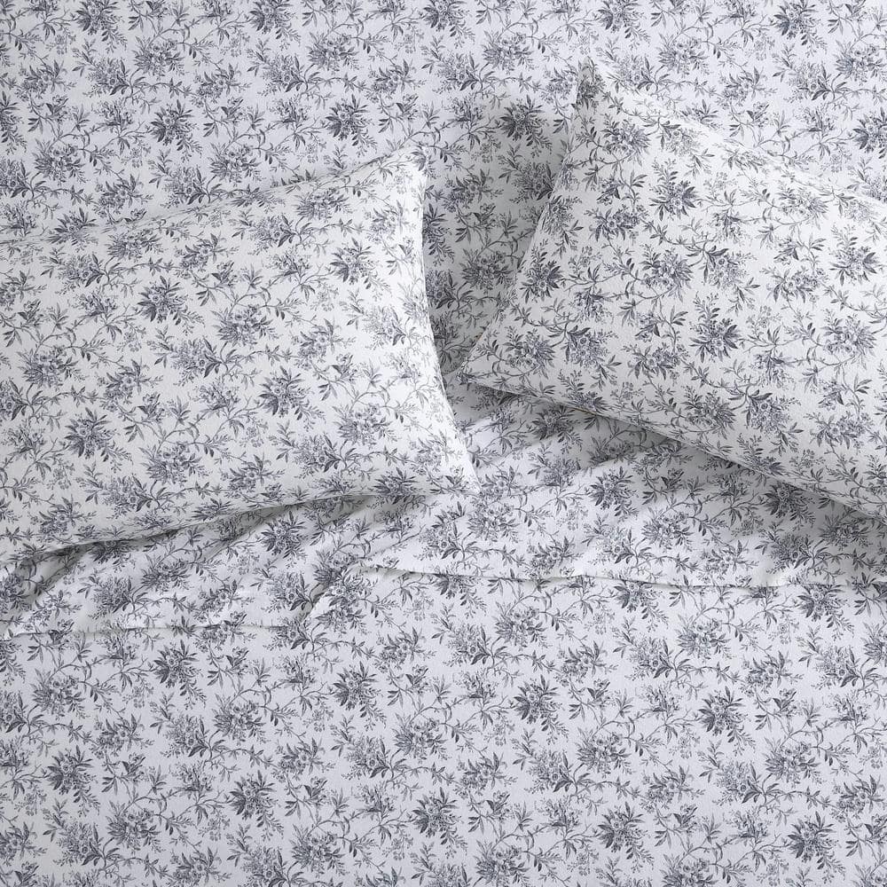 Queen Black Floral Cotton Flannel Sheet Set