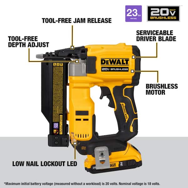 DEWALT - ATOMIC 20V MAX Lithium Ion Cordless 23 Gauge Pin Nailer Kit and 1 1/2 in. x 23 Gauge Pin Nails  2000 Pieces