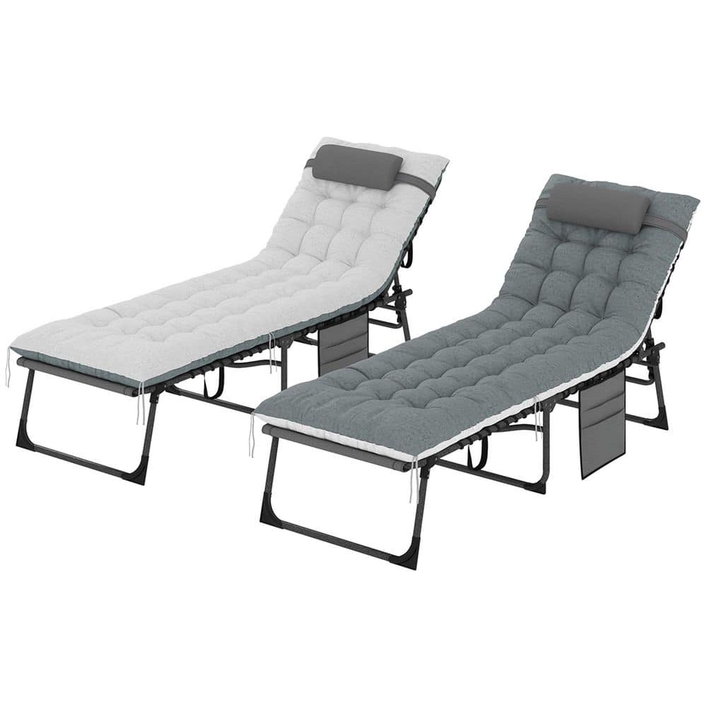 2-Piece Metal Folding Outdoor Chaise Lounge Chair with Gray Cushion, Headre