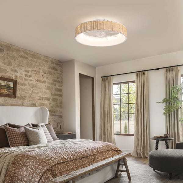 20 in. Indoor White Boho Flush Mount Rattan Ceiling Fan with Light and Remote, Dimmable Low Profile Ceiling Fan