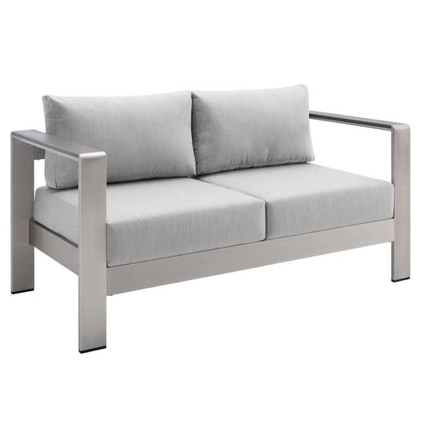 Shore Silver Sunbrella Fabric Aluminum Outdoor Loveseat with Gray Cushions