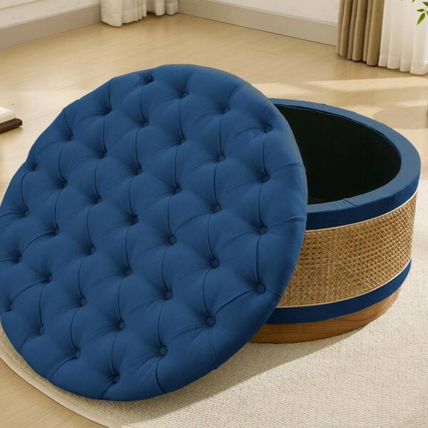 JEAREY Navy Linen Tufted Rattan Round Storage Ottoman for Bedroom