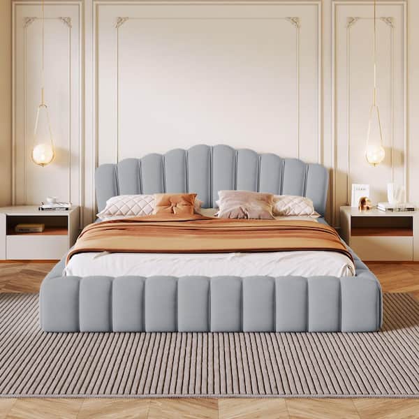 Velvet Upholstered Light Blue Wood Frame Queen Platform Bed with Shell-Shaped Headboard