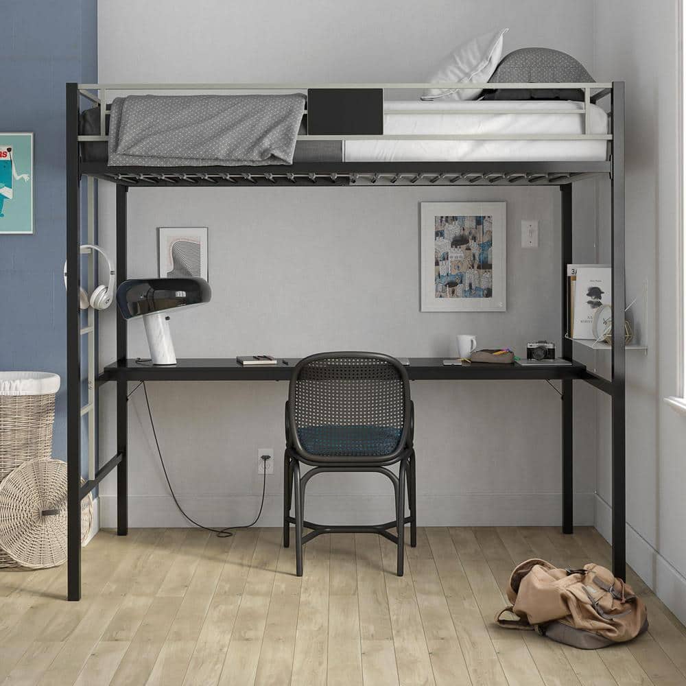 Silver Twin Loft Bed with Desk and Ladder