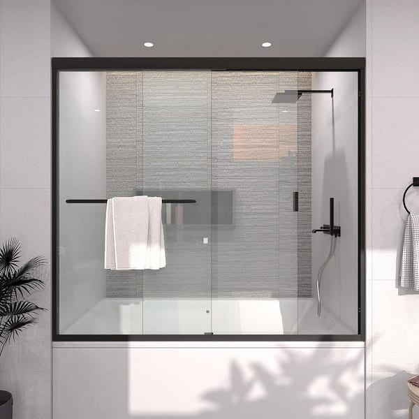 60 in. W x 56 in. H Sliding Semi Frameless Tub Door in Matte Black Finish with Clear Glass