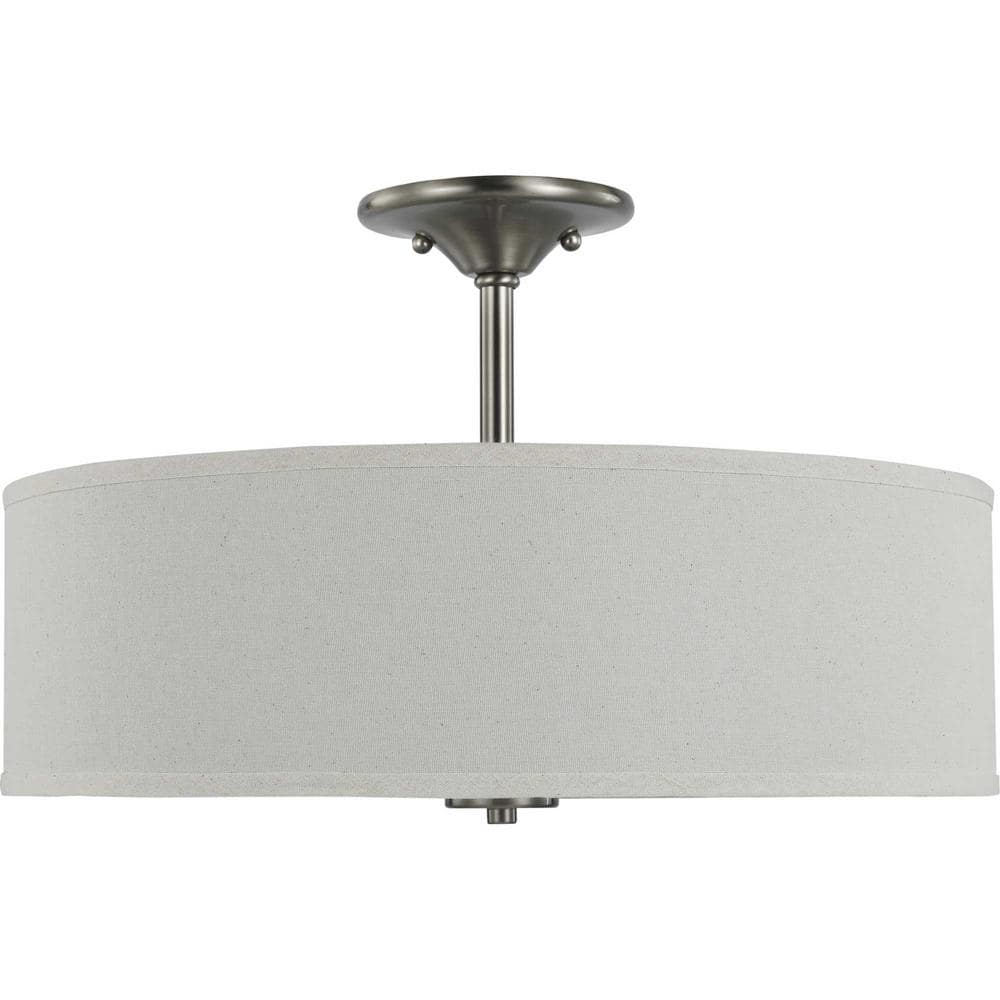 Brushed Nickel 18" Drum Semi-Flush Mount with Off-White Linen Shade