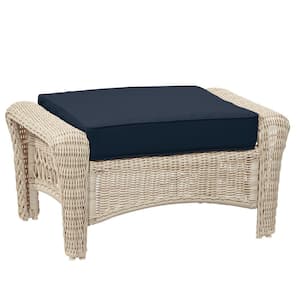 Park Meadows Off-White Wicker Outdoor Patio Ottoman with CushionGuard Midnight Navy Blue Cushion