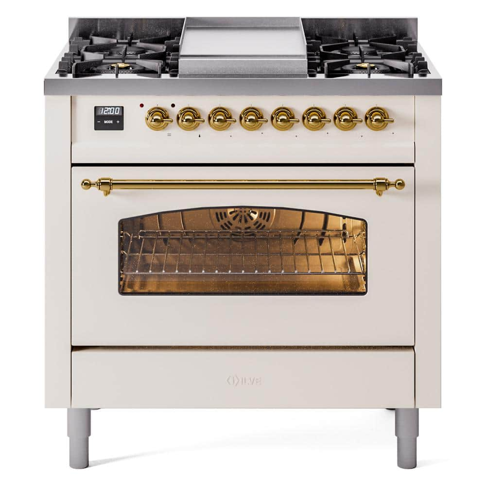 Nostalgie II 36 in. 6 Burner plus Griddle Freestanding Dual Fuel Natural Gas Range in Antique White with Brass Trim -  ILVE, UP36FNMPAWG